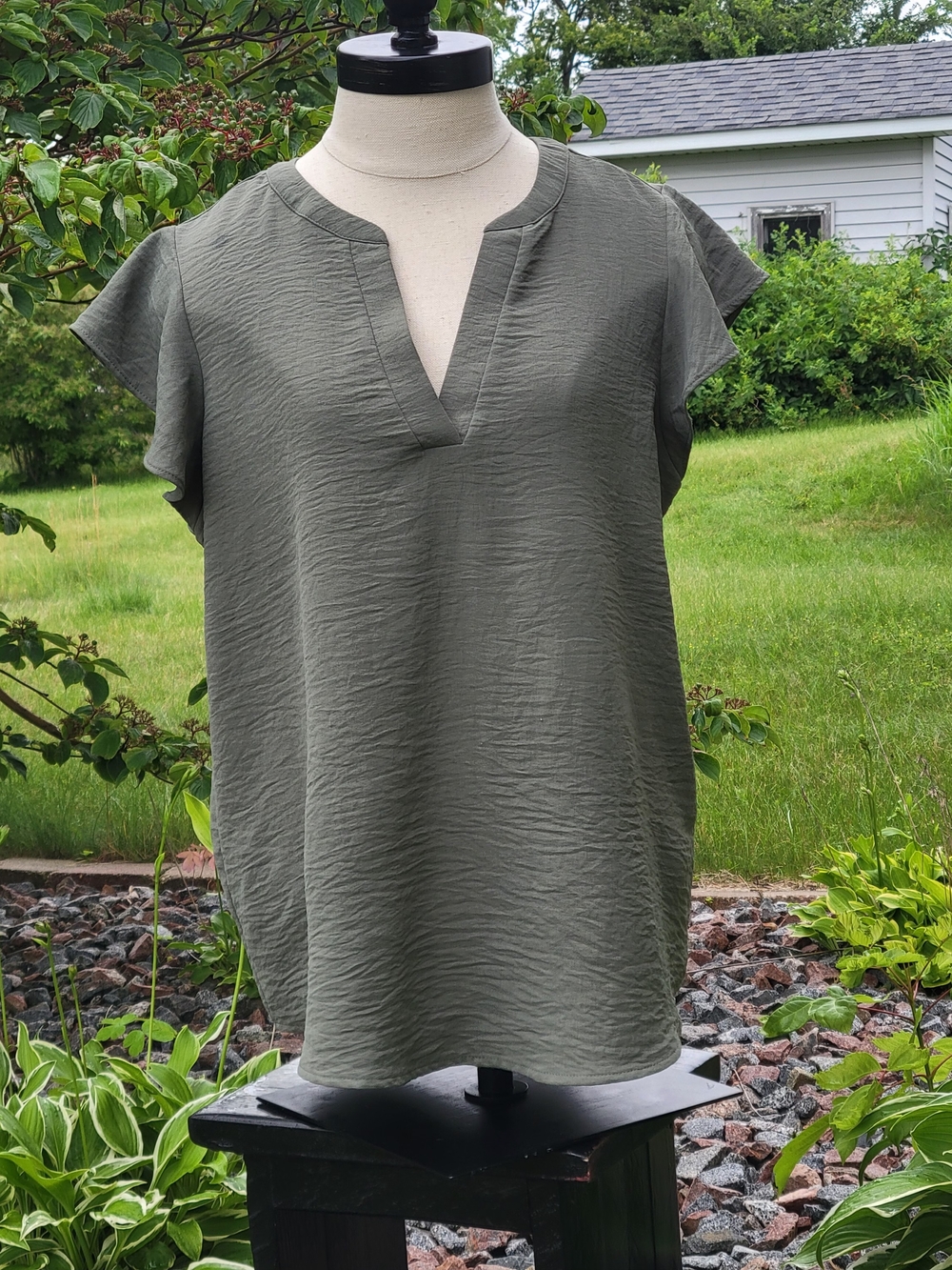 Adrianna Papell Olive Green Notch-Neck Flutter Sleeve Blouse